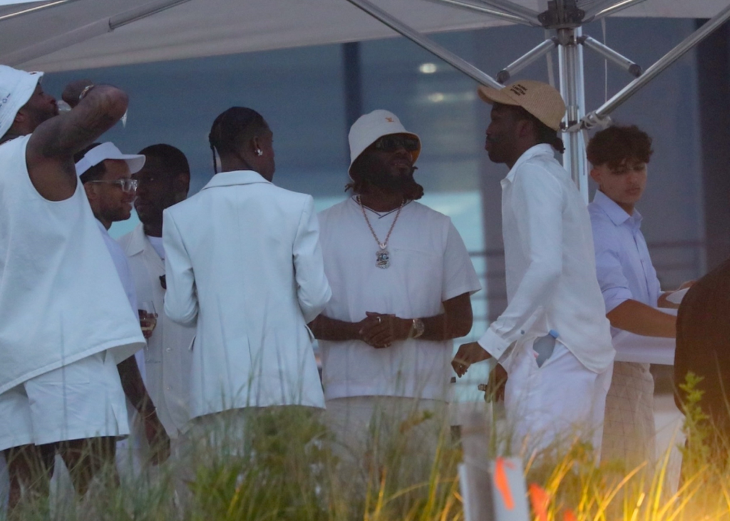 Travis Scott, Lil Baby, James Harden, and Meek Mill at Michael Rubin's July 4th white party.