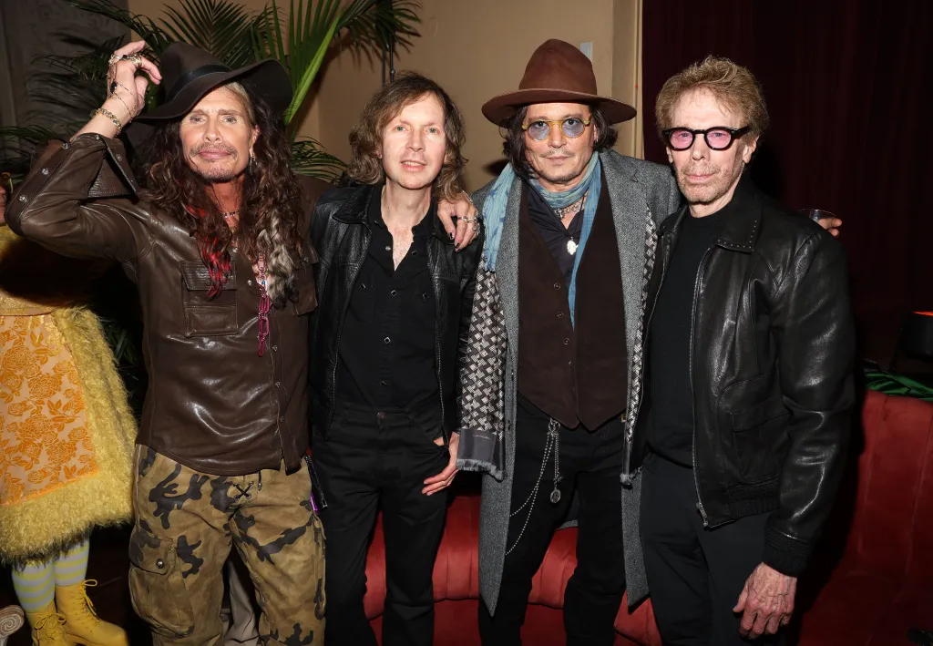 Steven Tyler, Beck, Johnny Depp, and Jerry Bruckheimer at the Three Hearts Rum event.