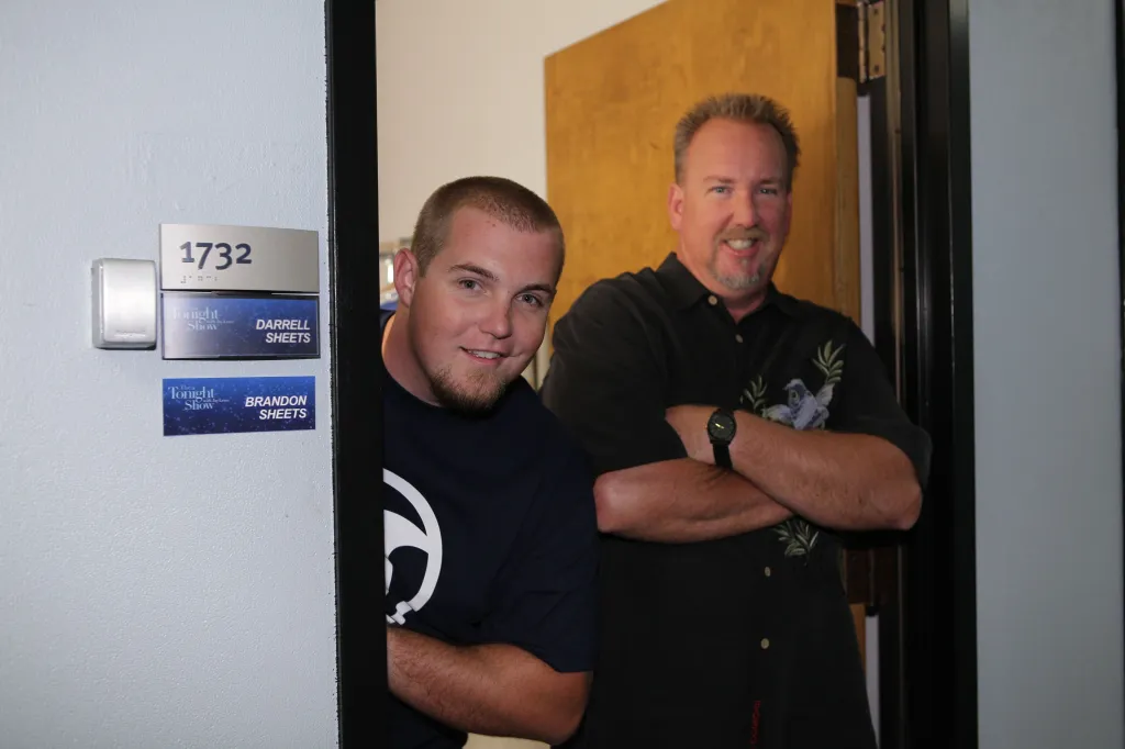 Darrell Sheets and Brandon Sheets posing backstage at The Tonight Show with Jay Leno.
