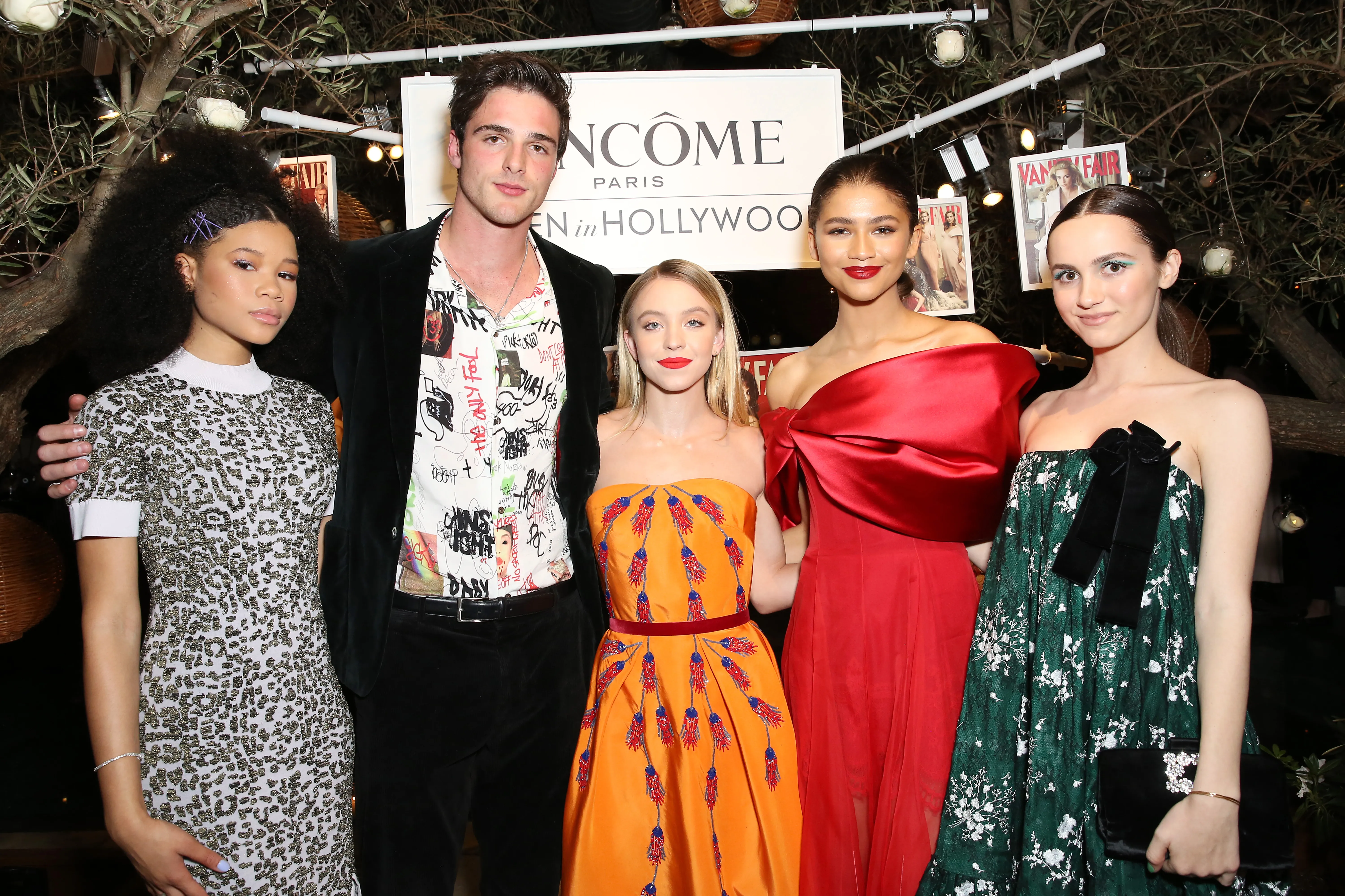 Storm Reid, Jacob Elordi, Sydney Sweeney, Zendaya, and Maude Apatow posing at the Vanity Fair and Lancôme Toast Women In Hollywood event.