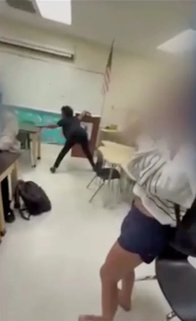 Substitute teacher acting erratically and allegedly grabbing a student's neck in a classroom.