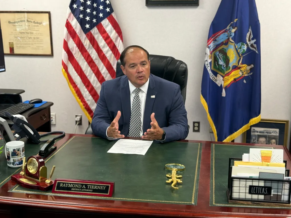 Suffolk County DA Ray Tierney speaking in his office.