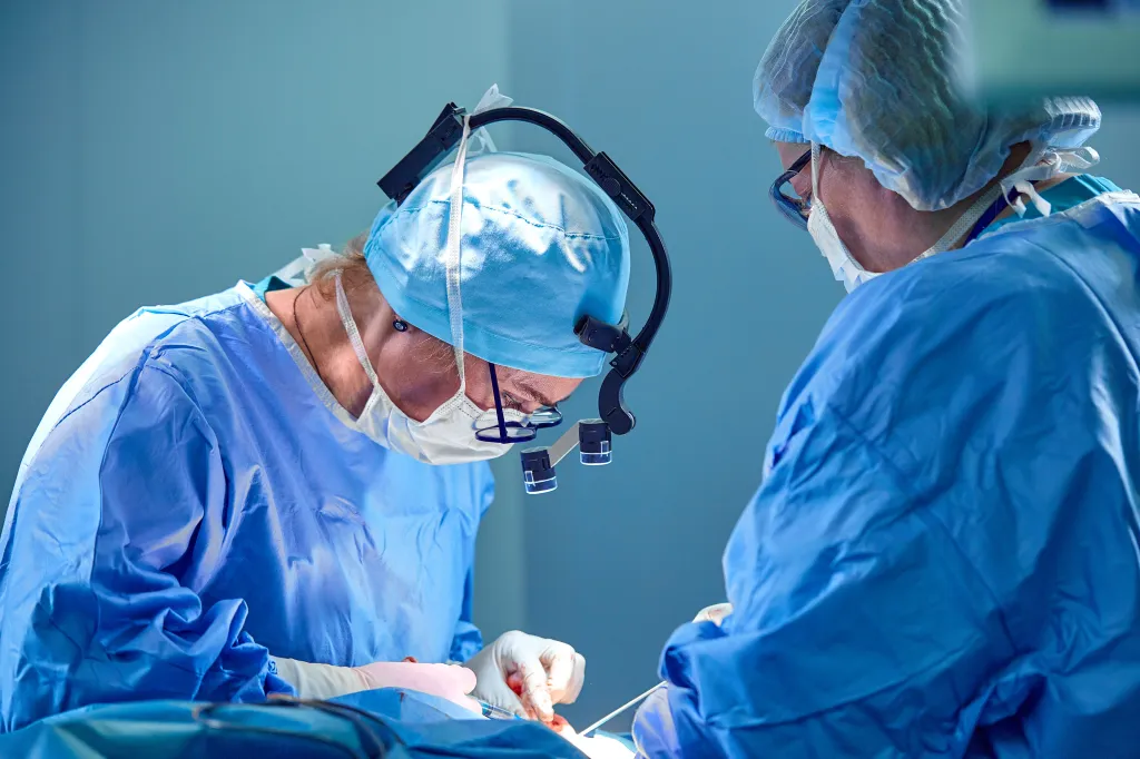 Surgeon in mask and loupes with assistant performing cosmetic surgery.