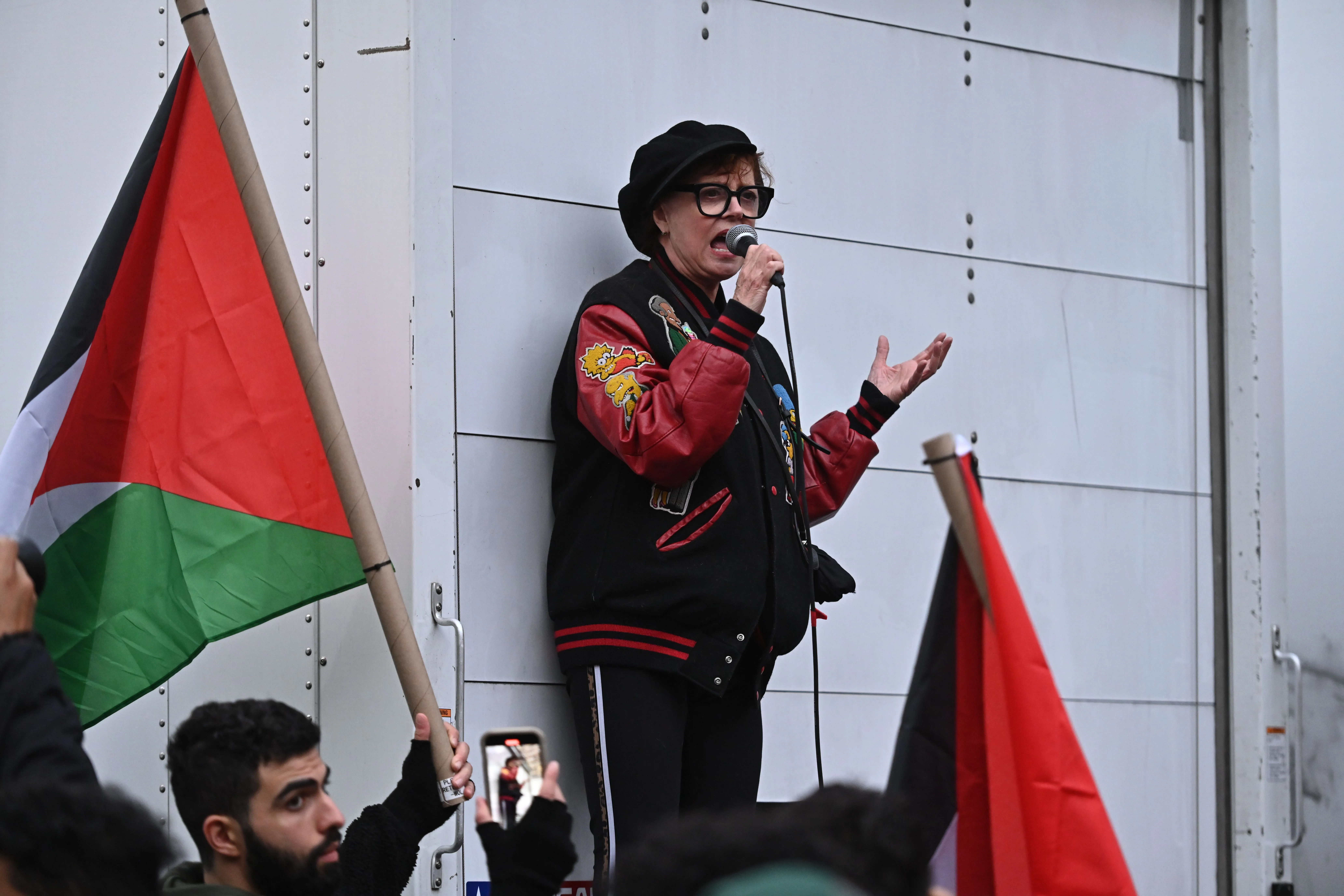 Susan Sarandon speaking at a pro-Palestine rally.