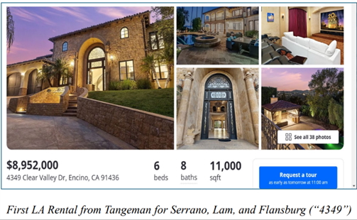 Real estate listing for an $8,952,000 mansion with 6 beds, 8 baths, and 11,000 sqft in Encino, CA, showing exterior, pool, home theater, entrance, and patio.