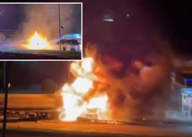 Tanker carrying 9K gallons of gas erupts in flames after hitting power lines in Texas
