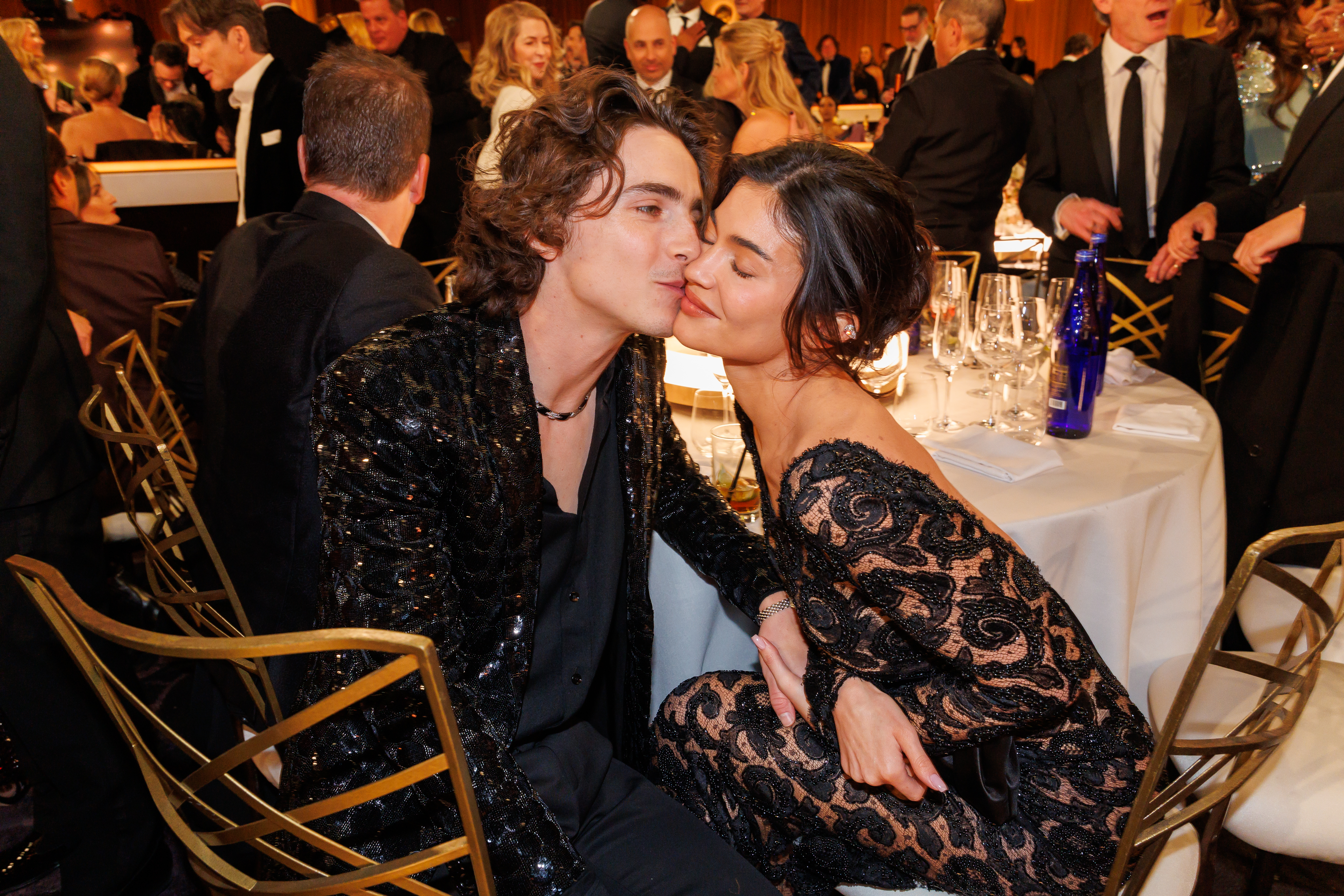 Timothée Chalamet kissing Kylie Jenner at the 81st Golden Globe Awards.