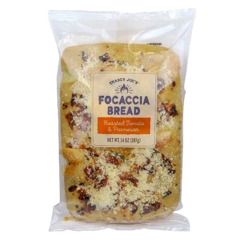 Trader Joe's Focaccia Bread, Roasted Tomato & Parmesan, in a plastic package.