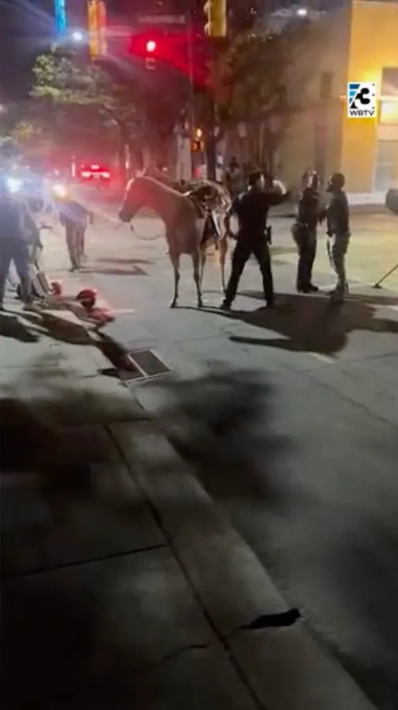 The horse appears to be OK as the two men are arrested after the incident (video by Ja’Queria Lynch/WBTV)