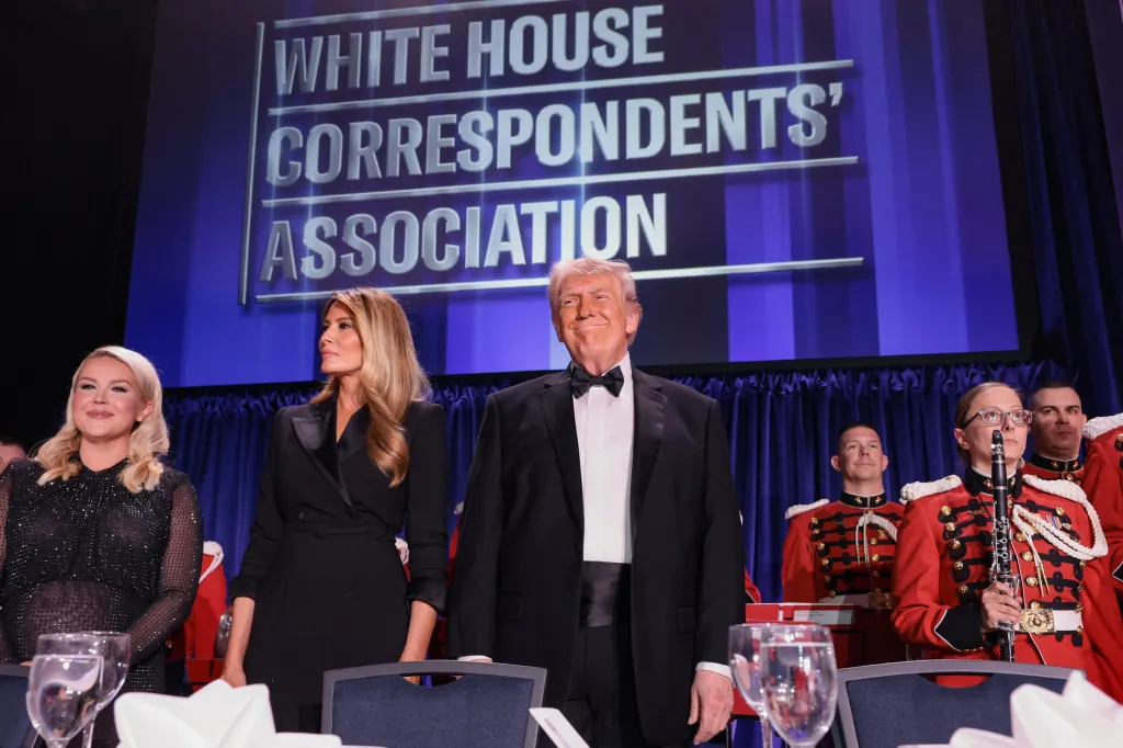 Donald Trump, Melania Trump, and Karoline Leavitt attending the White House Correspondents' Association dinner.