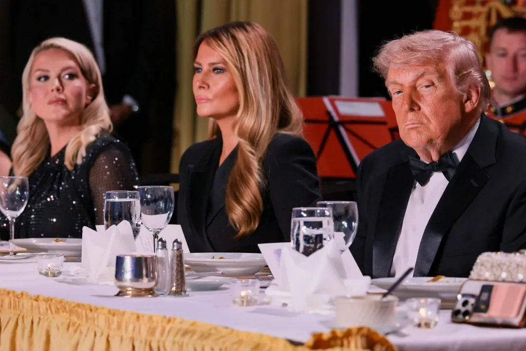 Donald Trump, Melania Trump, and Karoline Leavitt at the White House Correspondents' Association dinner.