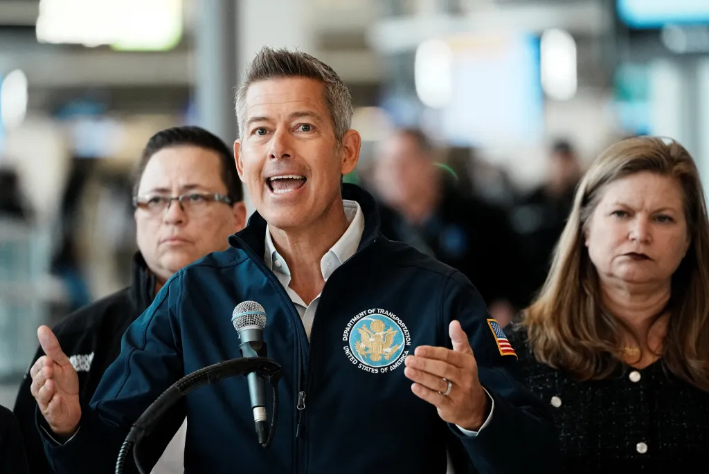 U.S. Secretary of Transportation Sean Duffy speaks at a press conference.