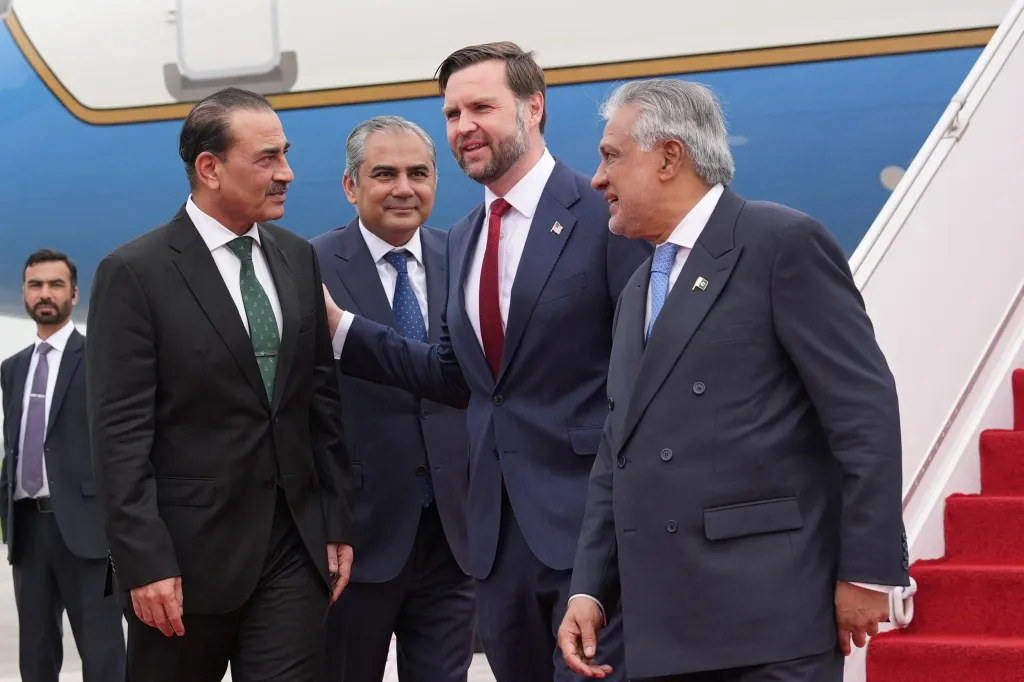 Vice President JD Vance meets is greeted by Pakistani officials after arriving in Islamabad for cease-fire negotiations with Iran on April 11, 2026. 