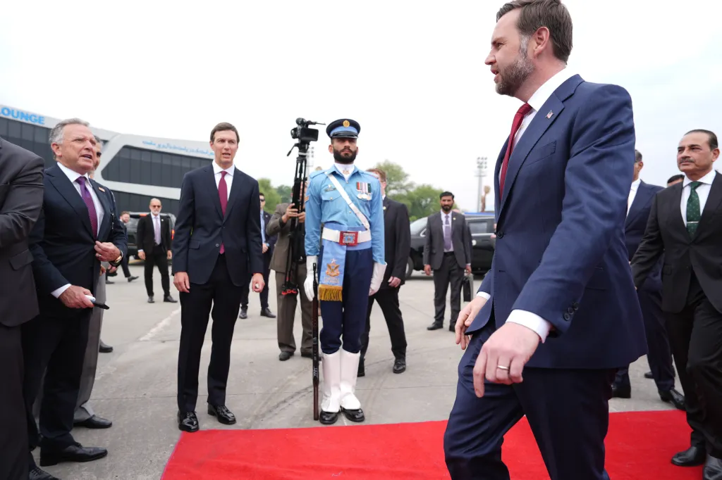 Steve Witkoff and Jared Kushner watch as JD Vance walks by in Islamabad, Pakistan, on April 11, 2026.