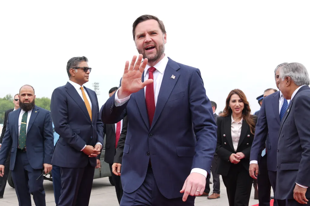 U.S. Vice President JD Vance waves to the crowd after arriving for talks with Iranian officials in Islamabad, Pakistan.