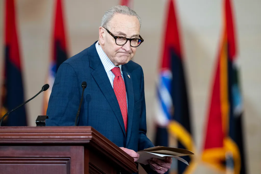 Senate Minority Leader Chuck Schumer speaking at the Holocaust Memorial Days of Remembrance ceremony.