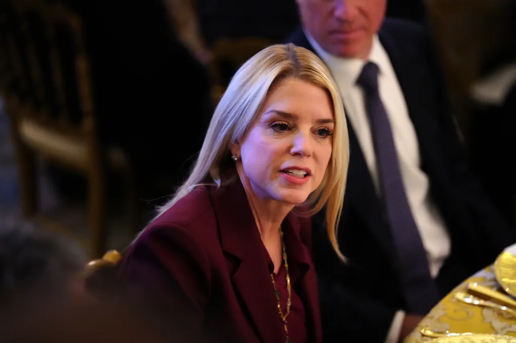 Pam Bondi speaking at a dinner in the State Dining Room of the White House.