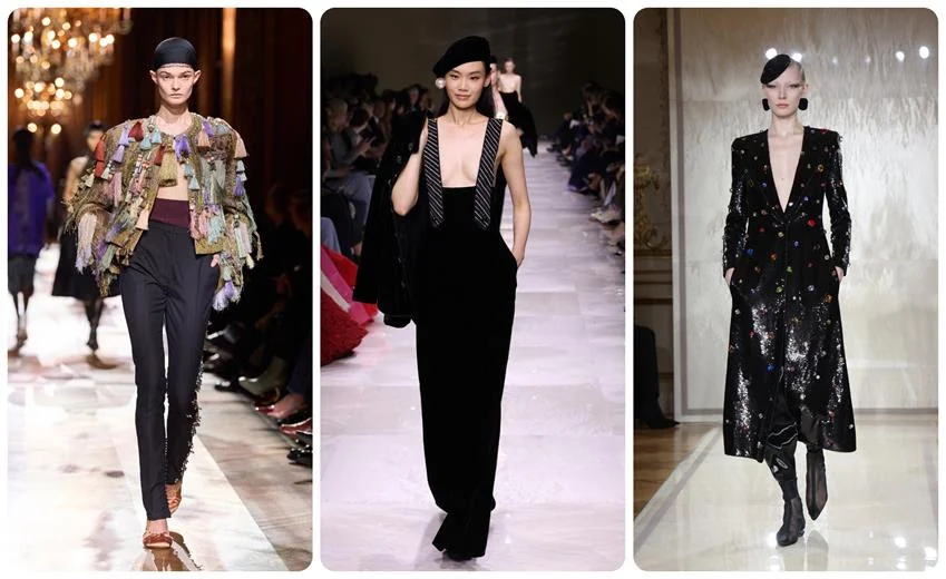 Dries Van Noten Fall 2025 look (left), and Armani Privé Fall 2024 -25 looks (center and right), all appear in The Devil Wears Prada 2. Source: Getty