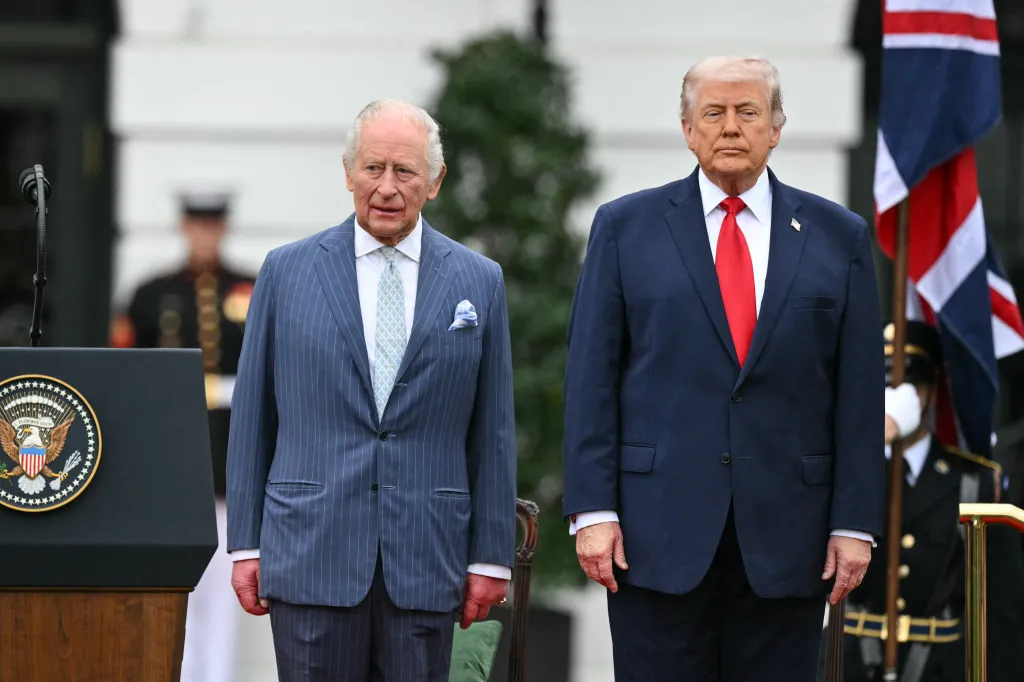 King Charles III and Donald Trump participate in an arrival ceremony.