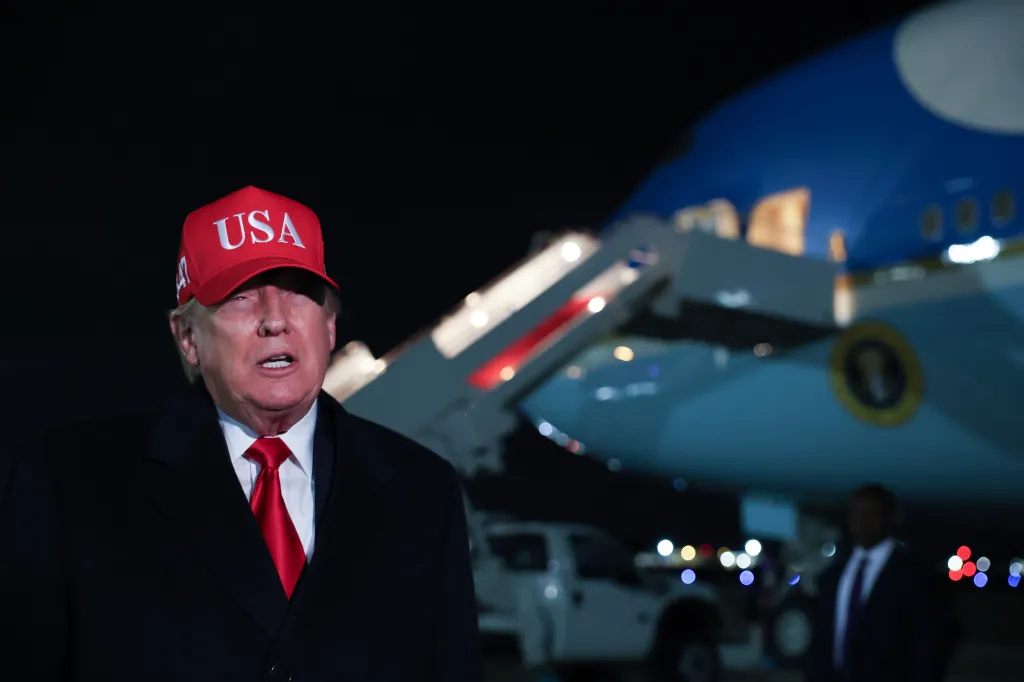 JOINT BASE ANDREWS, MARYLAND - APRIL 12: US President Donald Trump speaks the the media after disembarking from Air Force One on April 12, 2026 at Joint Base Andrews, Maryland. Trump returns to Washington after a weekend in Florida. (Photo by Tasos Katopodis/Getty Images)
