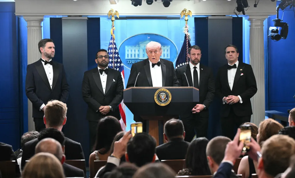President Donald Trump holds a press conference at the White House on April 25, 2026.