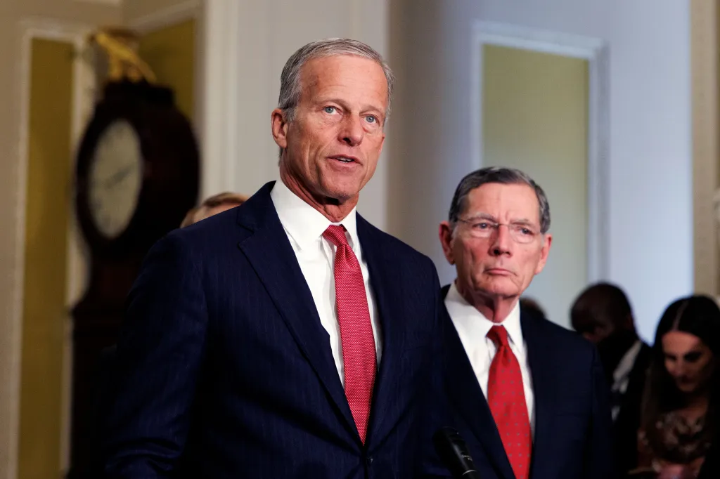 Senate Majority Leader John Thune speaks during a press conference at the US Capitol on April 21, 2026.