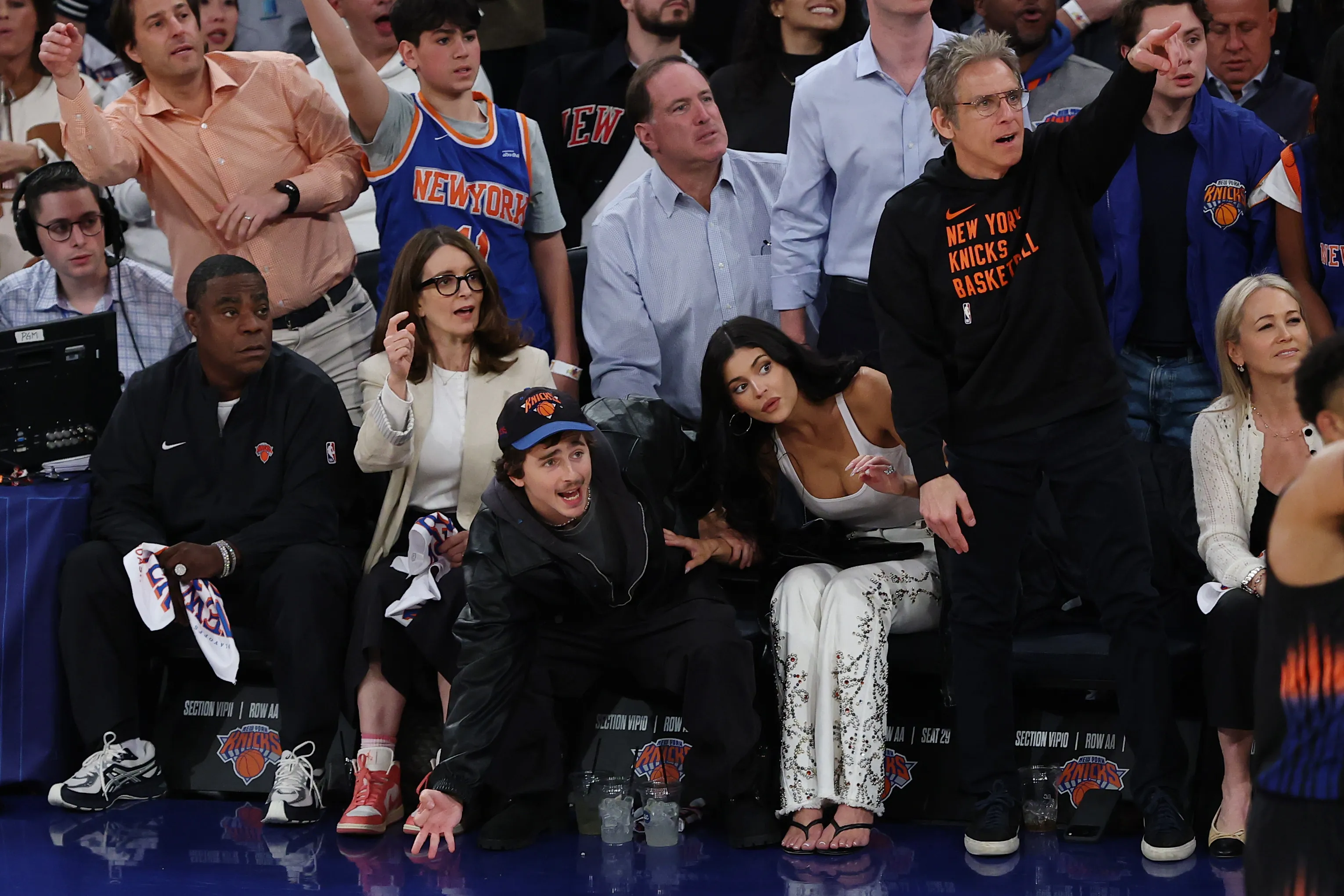 Tracy Morgan, Tina Fey, Timothée Chalamet, Kylie Jenner, and Ben Stiller attend an Atlanta Hawks vs. New York Knicks game.