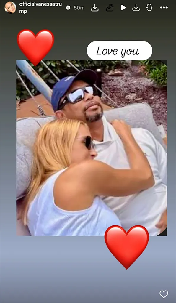 Vanessa Trump embracing Tiger Woods, with text 