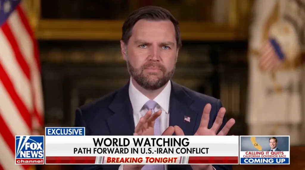 Vice President JD Vance on Fox News discussing the US-Iran conflict.