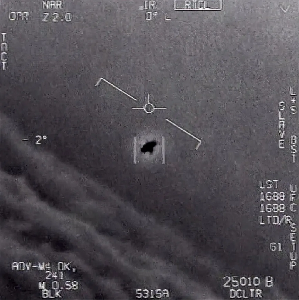 A video screenshot shows an unexplained aerial object observed by U.S. military personnel.
