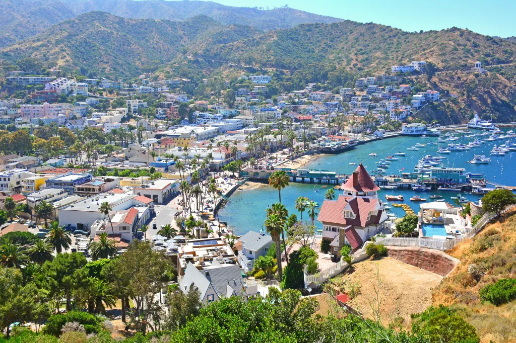View overlooking the town of Avalon with the Holly Hill house in the foreground on Santa Catalina Island.