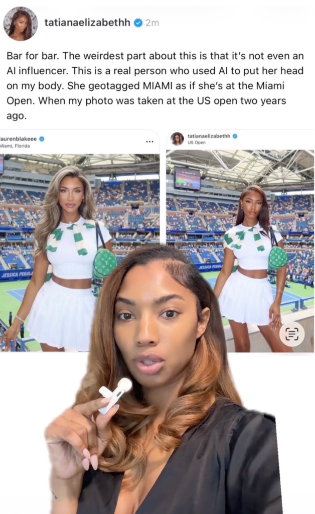 Collage of screenshots and a video of Tatiana Elizabeth discussing Lauren Blake Boultier using AI to superimpose her face onto Tatiana's body in a tennis stadium.