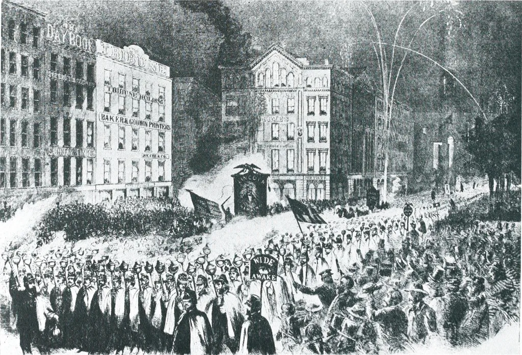 Illustration of a Wide Awakes parade in Lower Manhattan with a large crowd and buildings, with firework arcs in the sky.