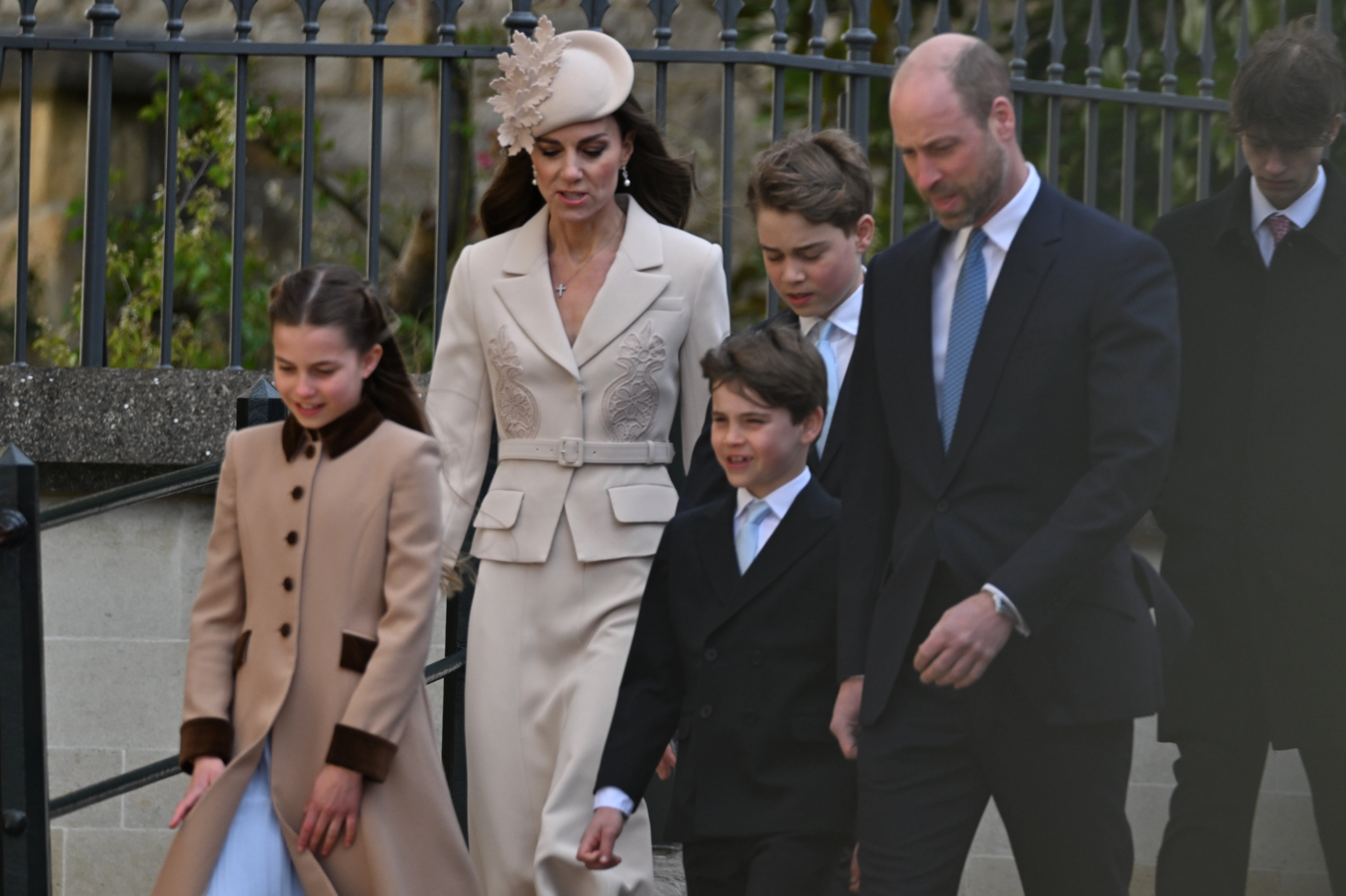 The Prince and Princess of Wales with their children, Princess Charlotte, Prince George, and Prince Louis, attending the Easter Matins Service.