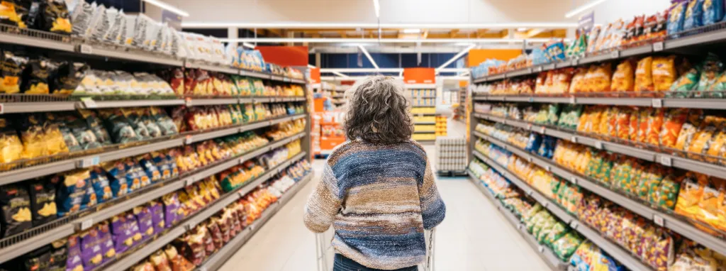Woman pushing a shopping cart down an aisle stocked with snack products.