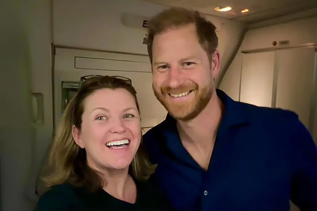 Justine Parkhurst and Prince Harry smiling for a selfie.
