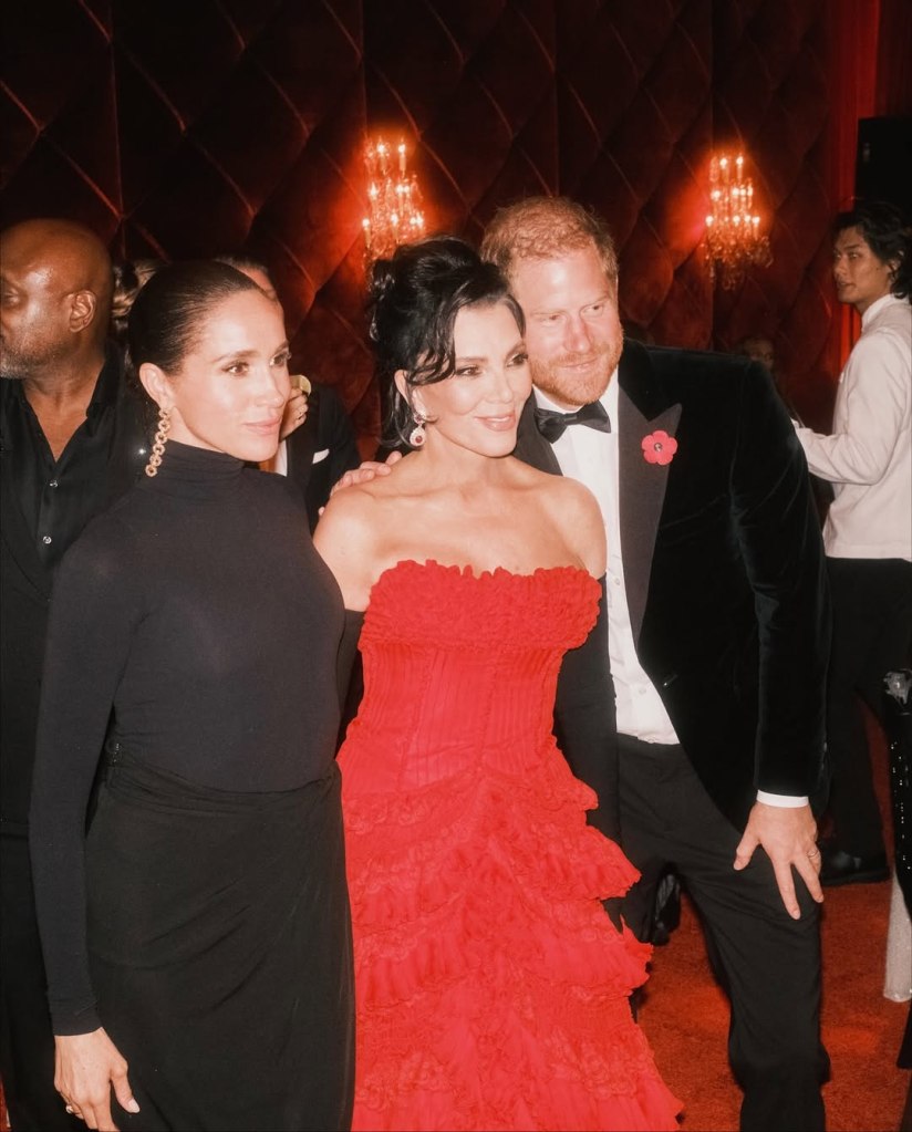 Meghan Markle, Kris Jenner, and Prince Harry posing for a photo.