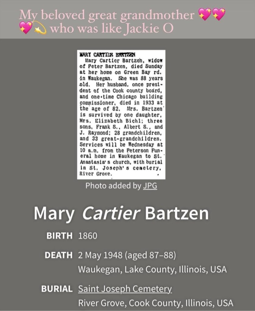 Collage of an obituary clipping for Mary Cartier Bartzen and her Find a Grave entry.