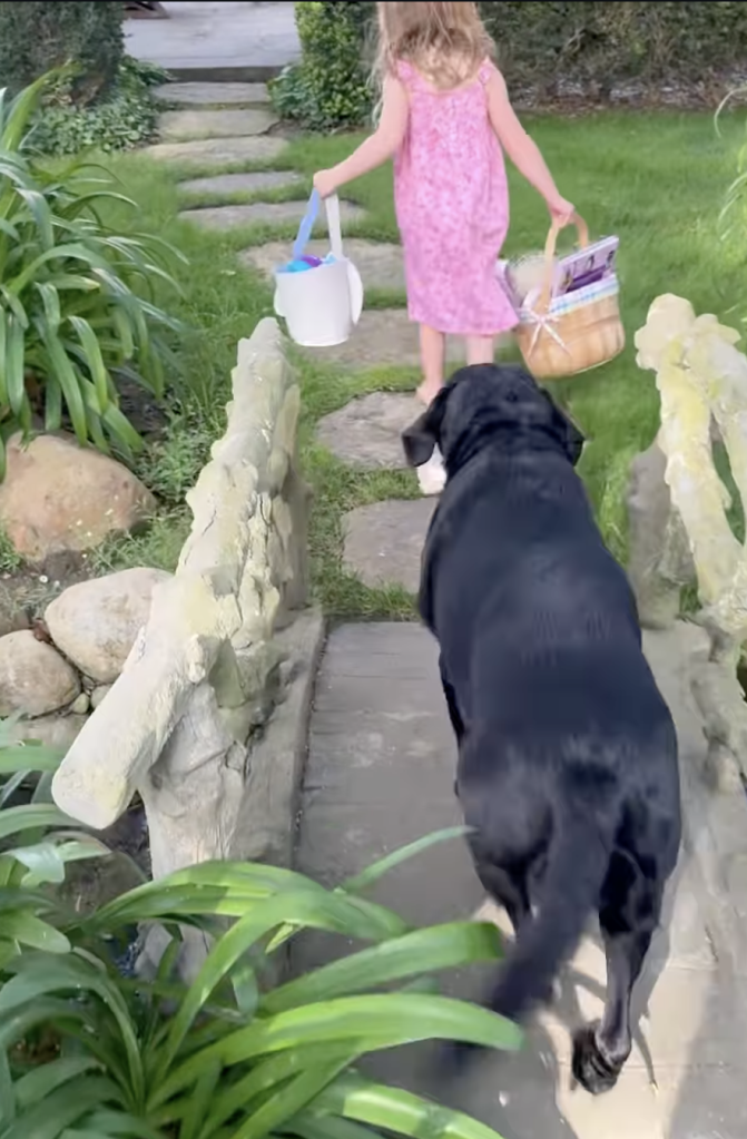 A young girl in a pink dress walks barefoot on a stone path, holding an Easter basket, with a black dog walking closely behind her.