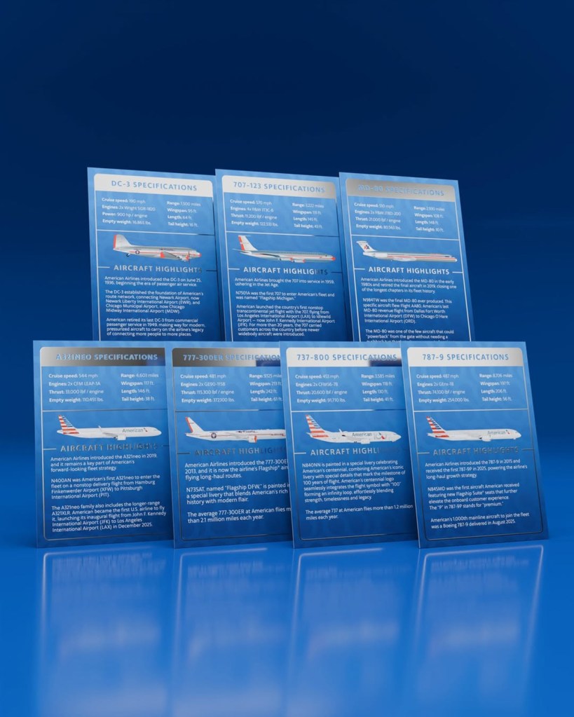 Illustration of American Airlines trading cards for six different aircraft, with specifications and highlights for each.