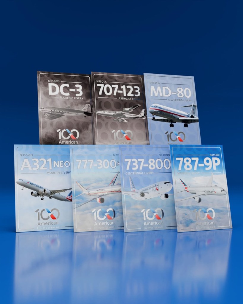 Illustration of seven American Airlines trading cards featuring different airplanes.