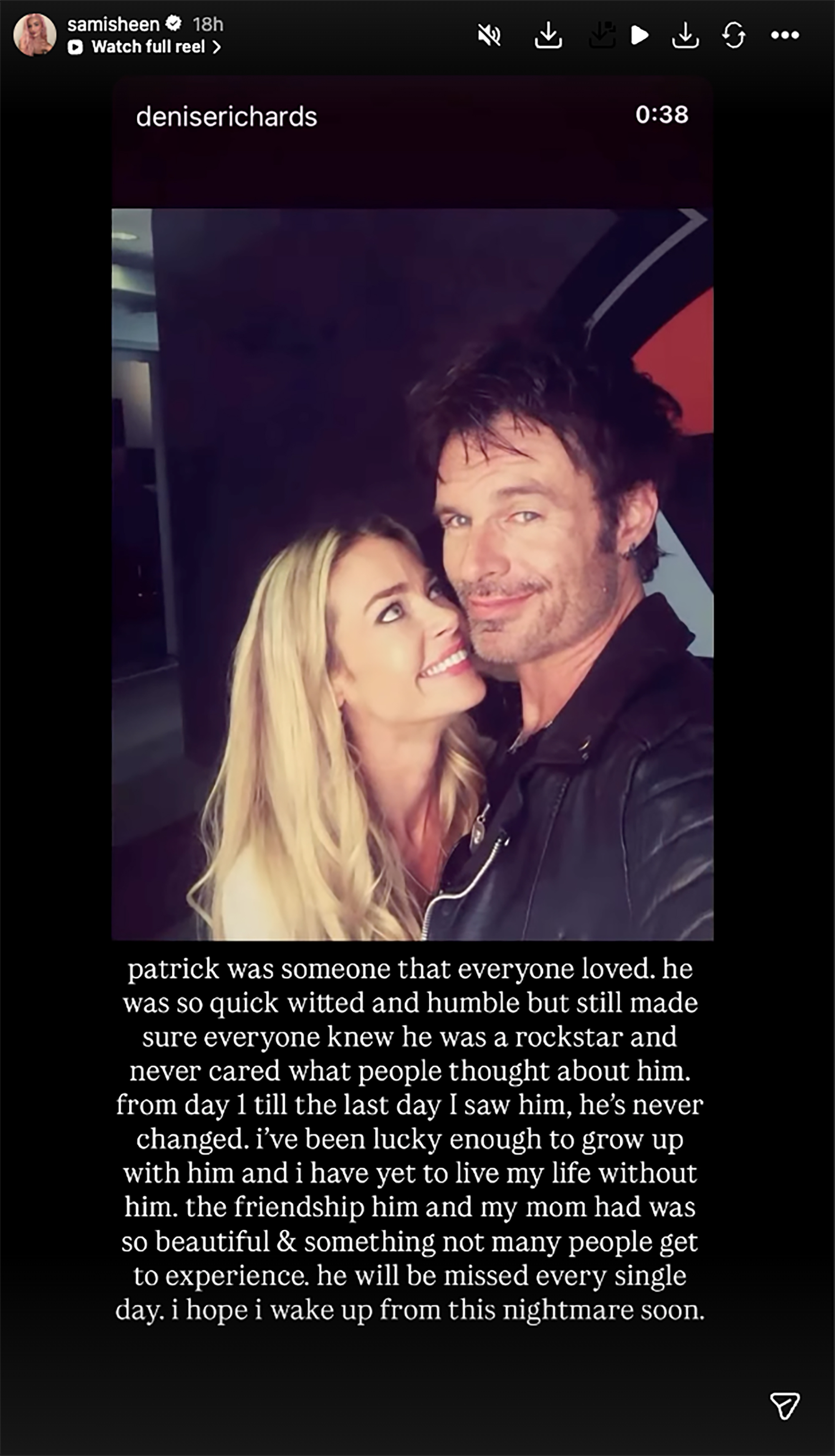 Denise Richards and Patrick Muldoon in a photo, with text from Sami Sheen's Instagram story mourning Muldoon.