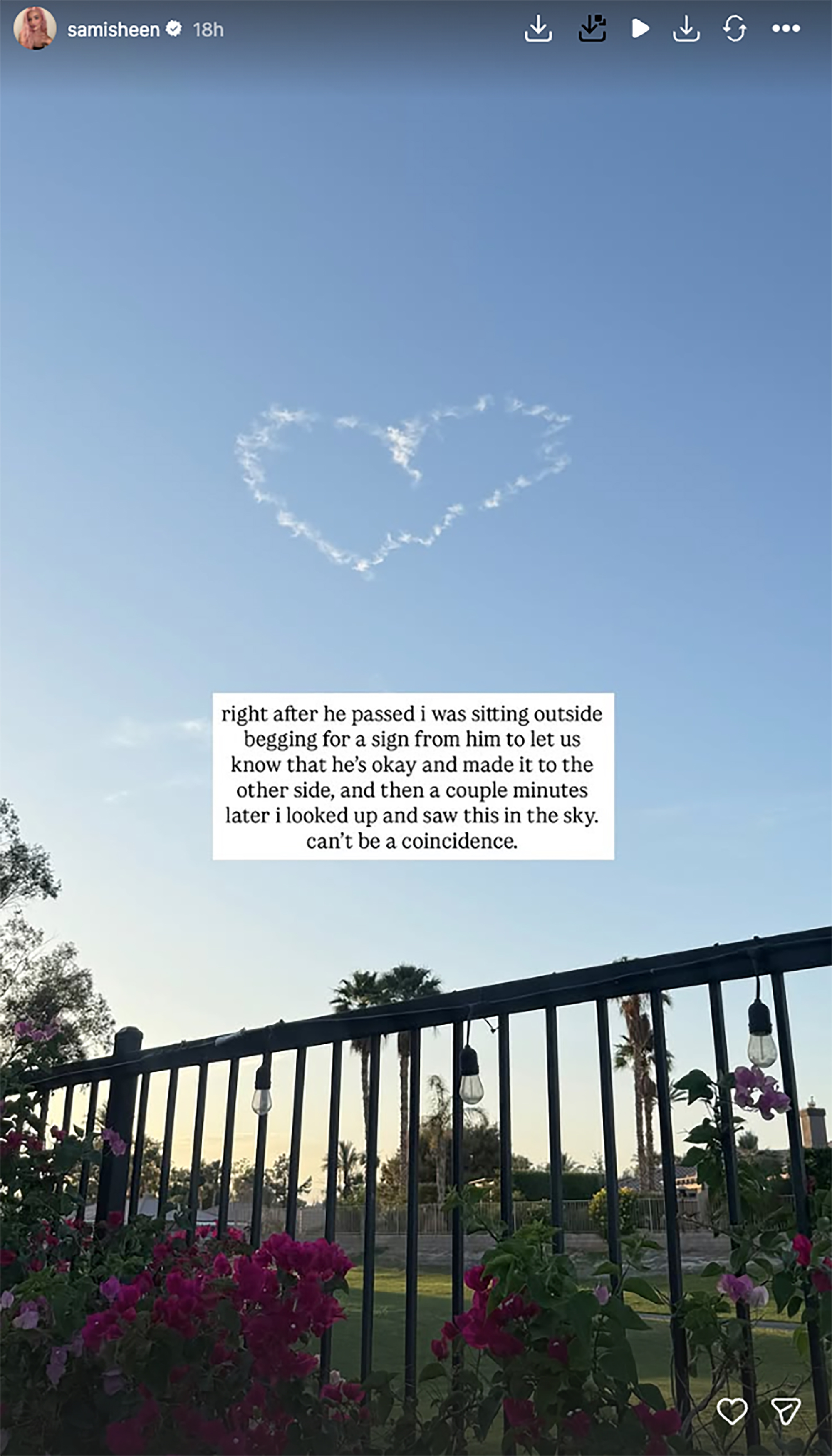 A heart-shaped cloud in a blue sky above a fence with pink flowers and palm trees in the background.