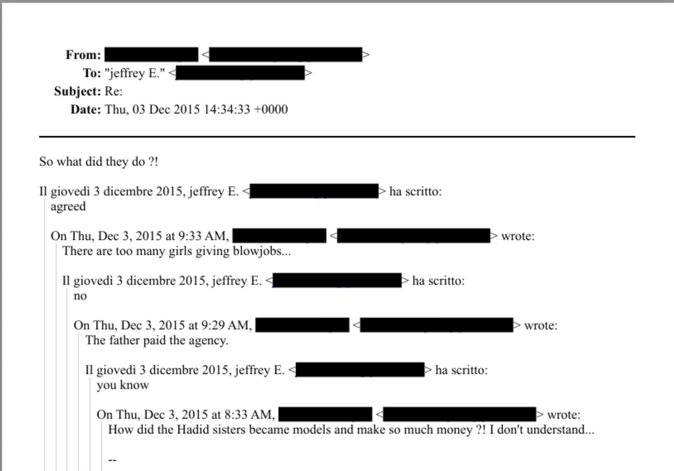 Email mentioning Gigi Hadid in relation to Epstein files, with some text redacted.