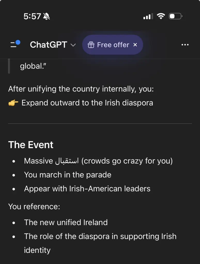 Screenshot of one of ChatGPT's Arabic-inflected responses.