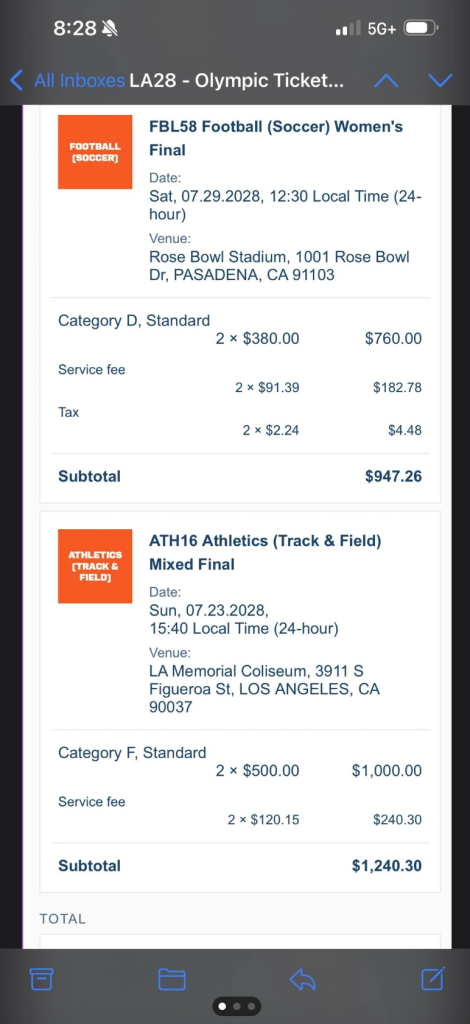 Screenshots of an online receipt for LA28 Olympic tickets to women's football and track and field events, showing ticket prices and service fees.