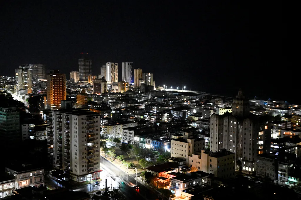 Lights illuminate the Cuban city of Havana on April 23, 2026.