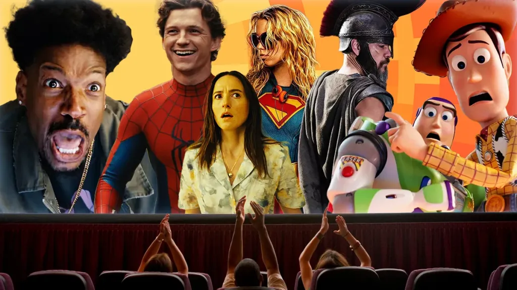 summer box office preview collage with toy story, supergirl, scary movie, spider-man