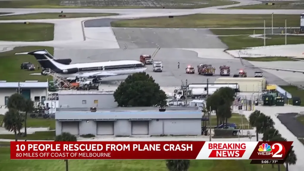 An airplane on the tarmac with emergency vehicles nearby, accompanied by a news banner reading 