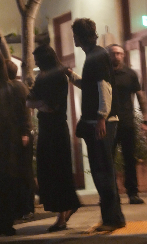 Jacob Elordi rubs Kendall Jenner's back during a double dinner date.